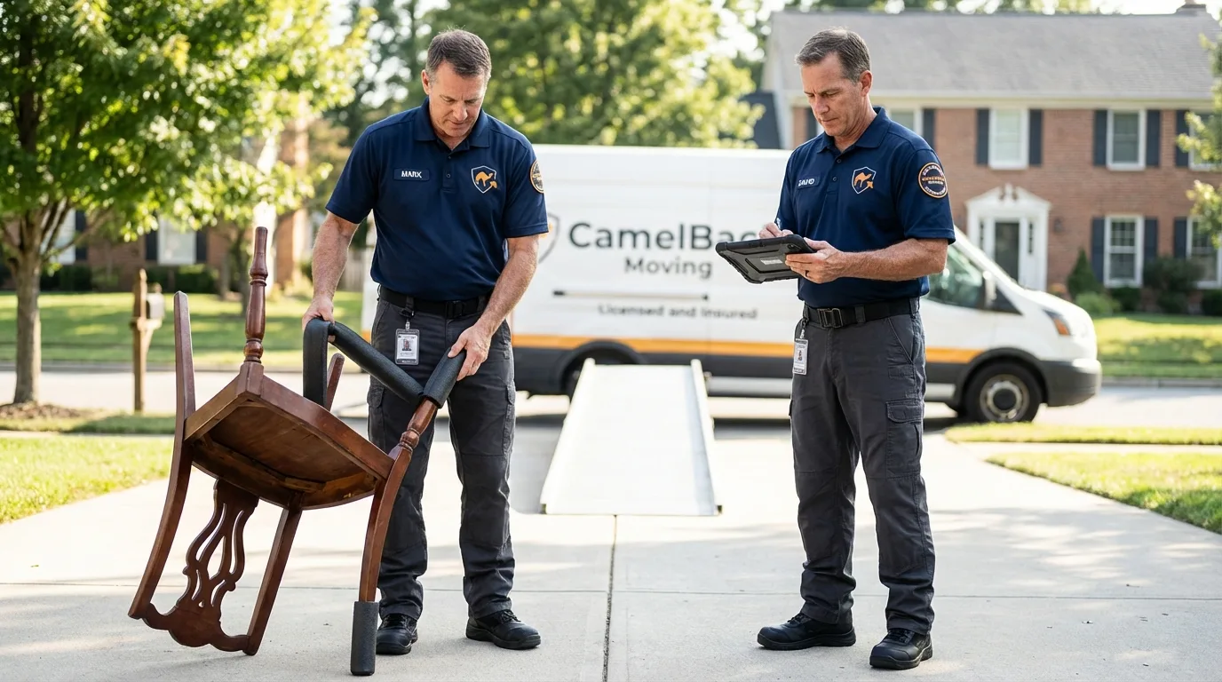 Movers inspecting furniture for damage prevention before loading in Danville, CA